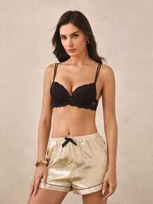 Hourtrue Lace Thick Cup Push Up Bra | Medium Support, Non Removable Padding, Underwire, Preppy Style - Black - View 1