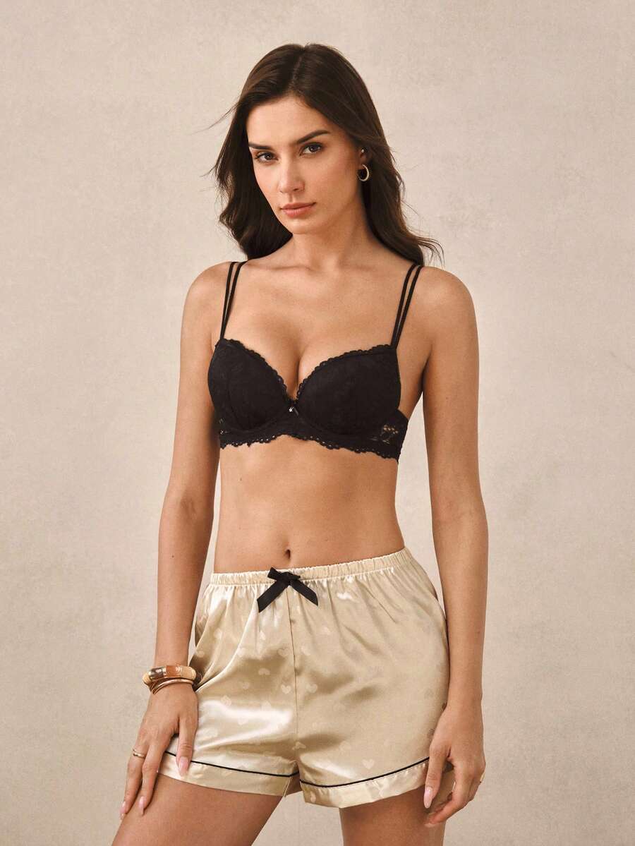 Hourtrue Lace Thick Cup Push Up Bra | Medium Support, Non Removable Padding, Underwire, Preppy Style - Black - View 1
