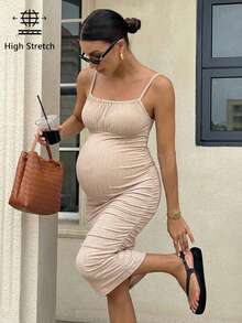 SHEIN 孕妇夏季休闲度假纯色褶皱修身吊带连衣裙 - 卡其色 - 查看 4