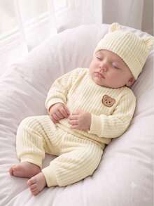 SHEIN 嬰兒/幼兒可愛熊絨毛套裝，冬季保暖內裡加厚戶外兩件式珊瑚絨保暖套裝 - 杏色 - 查看 8