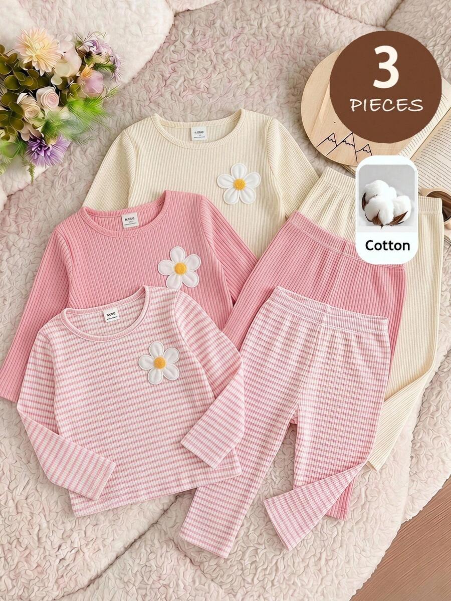 SHEIN 幼兒女童 3 件組柔軟羅紋長袖上衣,休閒基礎圓領上衣 - 彩色 - 查看 1