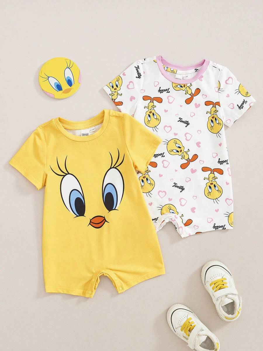 LOONEY TUNES X SHEIN Set Baju Bayi Perempuan Motif Kartun Leher Bulat Lengan Pendek dan Celana Pendek 2 Potong - Kuning - View 1