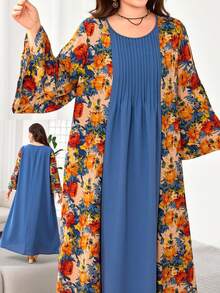 Lacomfia Vestido casual con estampado, patchwork y unicolor, manga 3/4, corte holgado regular, talla grande para primavera/verano - Multicolor - Ver 1