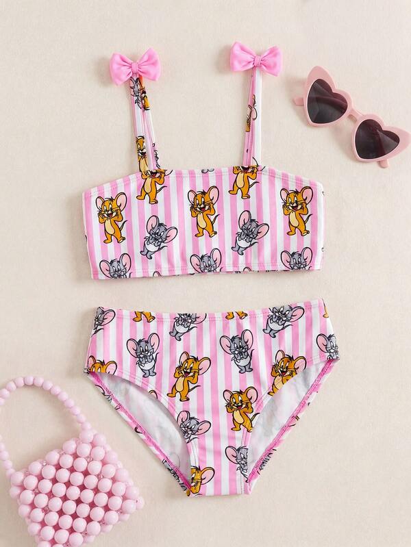 TOM & JERRY X SHEIN Zweiteiliges Badeanzug-Set für Kleine Mädchen mit gestreiftem Cartoon-Muster Camisole-Top und Dreiecks-Bikini-Unterteil, geeignet für Sommerurlaub und Strand