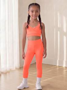 SHEIN Sports And Outdoor Young Girls' Set With Crossback Shoulder Straps, High Elasticity For Figure Enhancement, Free Stretching, Breathable And Sweat-Absorbing For Riding, Running, Indoor Dancing And Comprehensive Training - Burnt Orange - View 7