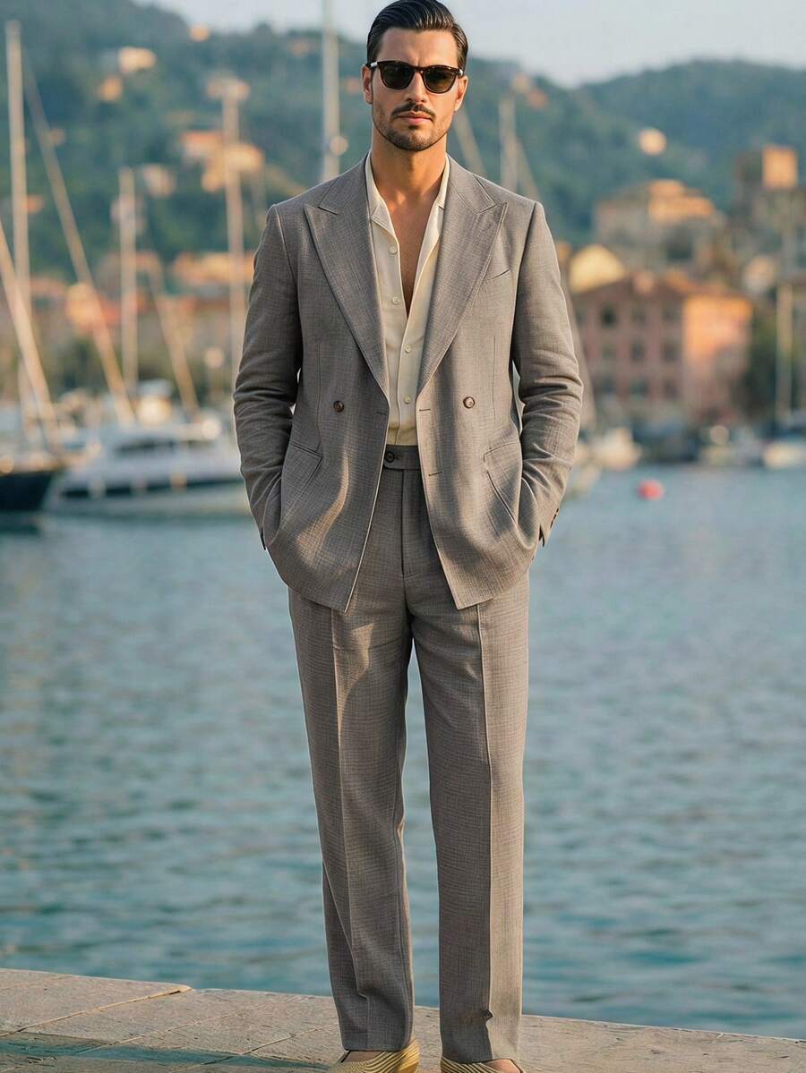 HIMLAND Men's Solid Color Long Sleeve Jacket And Pants Casual Daily Suit Set - Grey - View 1