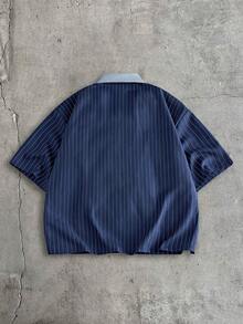 AXEPEAK 男士拉鍊半開襟刺繡條紋 Polo 衫 - 藍色 - 查看 5