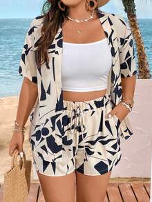 Nubod Plus Size Women's Boho Random Printed Simple Daily Short Sleeve T-Shirt And Shorts Set, For Summer - Multicolor - View 3