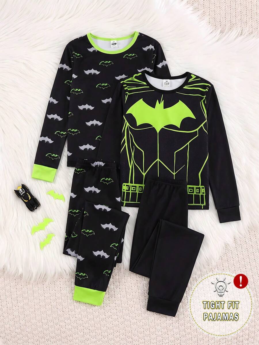 BATMAN X SHEIN 青少年男孩卡通印花長袖上衣與長褲舒適修身套裝,適合居家與外出,百搭款 - 黑色 - 查看 1