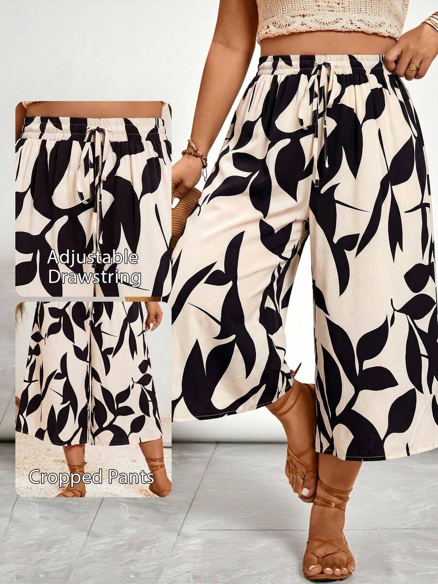 Freevana Plus Size Floral Print Wide Leg Capri Pants - Apricot - View 1