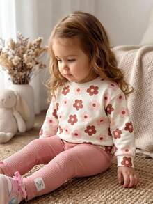 SHEIN Vintaside Kids 女嬰秋冬花卉印花羅紋圓領衛衣打底褲套裝 時尚可愛 親子套裝 2歲生日 粉色米白色 - 粉色 - 查看 5