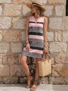 EMERY ROSE Vestido de verano sin mangas con ensamblaje de bloques de color y estampado aleatorio - Multicolor - Ver 3