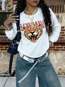 DrmWander Plus Size Women's Letter & Leopard Print Long Sleeve Casual Sweatshirt Fall - White - View 3