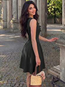 Modelyn 女款黑色編織無袖收腰 A 字裙，附蝴蝶結，優雅可愛浪漫，適合春夏早午餐、午餐約會，純甜 Coquette 風格 - 黑色 - 查看 4