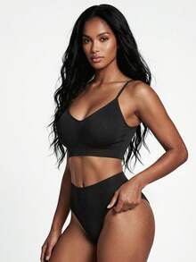SHEIN Conjunto de lencería de sostén y panty sólido sin costuras - Negro - Ver 5