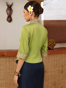 EastFlair Atasan Wanita untuk Liburan, Motif Renda, Patchwork, Hem Asimetris, Ikat Depan, Tyrande, Gaun Makan Malam Musim Panas, Warna Hijau Elegan - Hijau - View 5