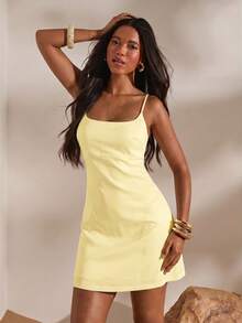 Opulessa Spring/Summer Vacation Solid Color Woven Spaghetti Strap Dress For Women Vacation Pale Yellow Elegant - Yellow - View 6