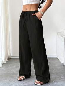 Flirla Women's Casual Plain Slant Pockets Textured Long Pants Fall Cloth For Women - Black - View 3