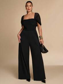 SHEIN BAE CURVE Plus Size Women's Black Lace Patchwork Long Sleeve Wide Leg Jumpsuit, Elegant Business Casual Dinner Cocktail Summer - Black - View 4