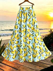 Franclia Plus Size Women's Summer Lemon Pattern A-Line Casual Vacation Lemon Yellow Long Skirt - Multicolor - View 1