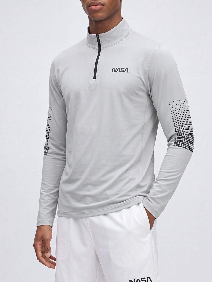Nelvento Soul Manfinity Fitness 男士字母图案四分之一拉链运动夹克,适合健身穿着,返校季主题,透气舒适。 - 灰色 - 查看 1