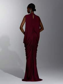 Elitara Elegant Queen Princess Stretch Fabric Round Neck Ruched Bodycon Back Slit Long Dress, Women's Party Wedding Guest Formal Evening Gown Burgundy Winter - Burgundy - View 3