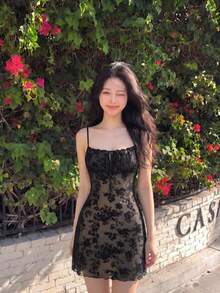 SHEIN MOD Black Date Night Romantic Floral Print Tie Front Cami Dress - Black - View 2