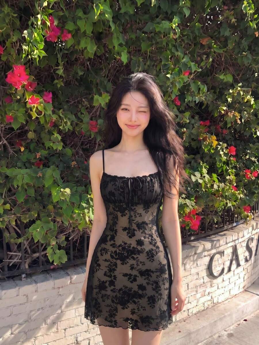 SHEIN MOD Black Date Night Romantic Floral Print Tie Front Cami Dress