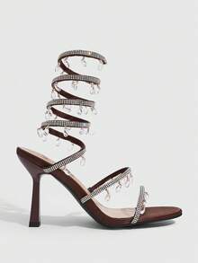 CUCCOO SZL Women's Rhinestone Embellished Wrap-Around Design Glamorous High Heel Sandals For Christmas Spring Shoes Prom Heels Summer Shoes - Brown - View 2