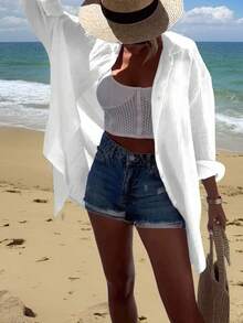 Blusa casual de vacaciones para mujer con decoración de rhinestones en los ojos - Blanco - Ver 2