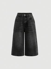 SHEIN Girlism Tween Girl 鈕扣口袋寬鬆時尚百搭牛仔七分褲 - 黑色 - 查看 1