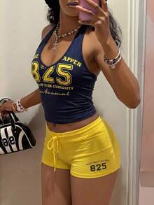 Fiercella Fiercella 女款春夏兩件套黃色背心 & 藍色短褲 HypeZone-D 細肩帶吊帶上衣 & 短褲 英文字母印花裝飾，性感修身，適合運動、休閒、度假、娛樂 - 藏蓝色 - 查看 6