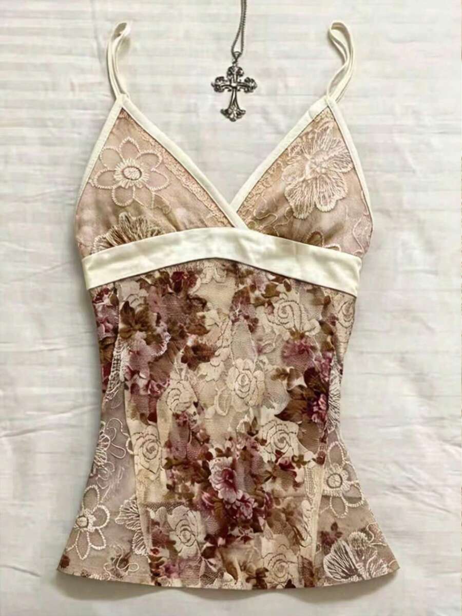IslaSuriya 女款度假風刺繡花卉印花細肩帶背心上衣,適合約會穿著 - 彩色 - 查看 1