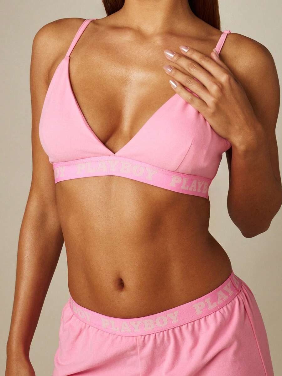 Missguided x Playboy Conjunto Coordenado de Bralette com Logo e Calça Lounge de Perna Larga, Casual Confortável, Ajuste Relaxado para o Dia a Dia, Duas Peças - Rosa chiclete - Visão 1