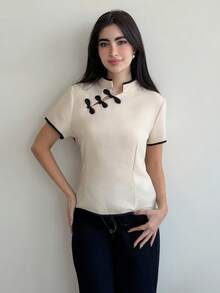 Yasmeen Edit Yasmeen Edit Apricot New Chinese Style Button Collar Short Sleeve Waist Cinched Spring/Summer New Women Shirt - Apricot - View 5