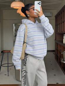 Muchica 休閒極簡運動街頭風百搭聚會機場 Y2K 上衣，藍色條紋學院風印花圖案運動衫，外出穿搭，夏季，適合秋冬 - 彩色 - 查看 5