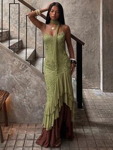 SHEIN BAE Women's Summer Sage Green Floral Elegant Romantic Luxurious Spaghetti Strap Mesh Beaded Embroidered Mermaid Dress For Birthday Party Dinner Wedding - Green - View 5
