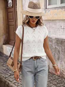 Brillora Women's Solid Color Hollow Out Round Neck Short Sleeve Knit Top, Summer, All White Casual French Basic Preppy Back-To-School Everyday - Apricot - View 8