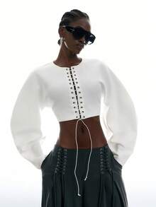 LYSMO Moletom Feminino Casual Sexy Techno Versátil para o Dia a Dia com Design de Cadarço, Cor Sólida, Roupa de Outono para Sair, Noite e Balada, Branco e Marrom Escuro - Branco - Visão 4