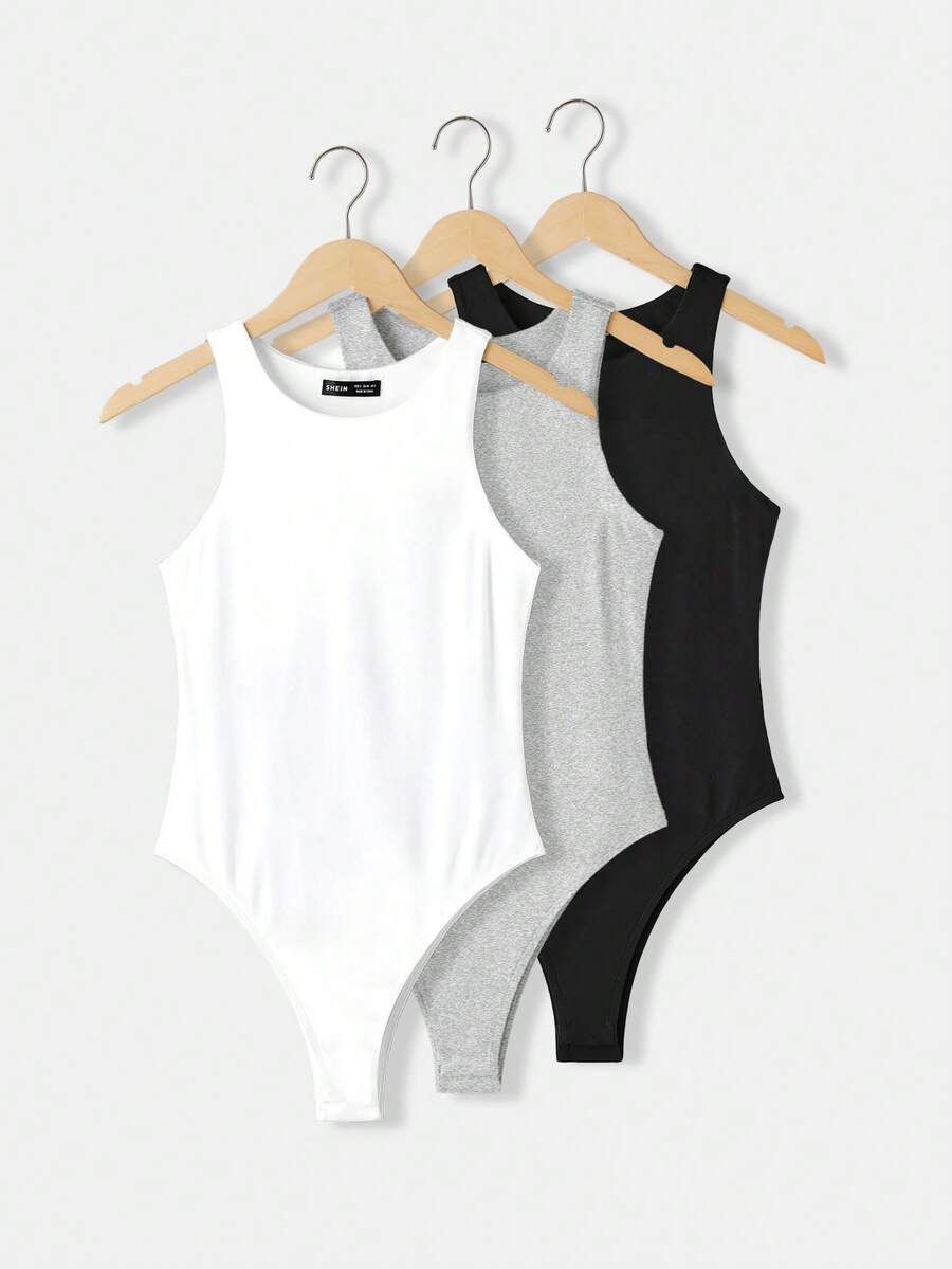 SHEIN BASICS 3件組休閒基礎極簡端莊圓領無袖修身純色針織女款連身衣 夏季服飾 辦公日常穿搭 白色 灰色 黑色 - 灰色 - 查看 1