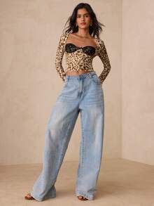 Allurite Vintage Leopard Lace Patchwork Women's T-Shirt, Slimming Short Style Base Layer, New Spring/Summer Sexy Long Sleeve Top - Multicolor - View 4