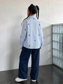 SHEIN 3件套黃色長袖條紋數位印花襯衫、黑色長褲、細肩帶背心，適合春夏出遊 - 藍色 - 查看 2