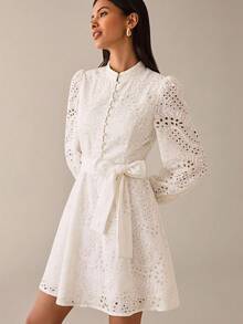 Lilora 女款優雅刺繡短洋裝，高端時尚百搭優雅洋裝，適合通勤、日常休閒、外出、聚會、約會、派對、休閒、郊遊、假期、度假、夏季、假日旅行 - 白色 - 查看 5