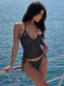 Swim Mod Spring/Summer Digital Print Wireless Spaghetti Strap Tank Top And Side Tie Swim Shorts Women Beach Holiday Cute Bikini Set Set - Black - View 3