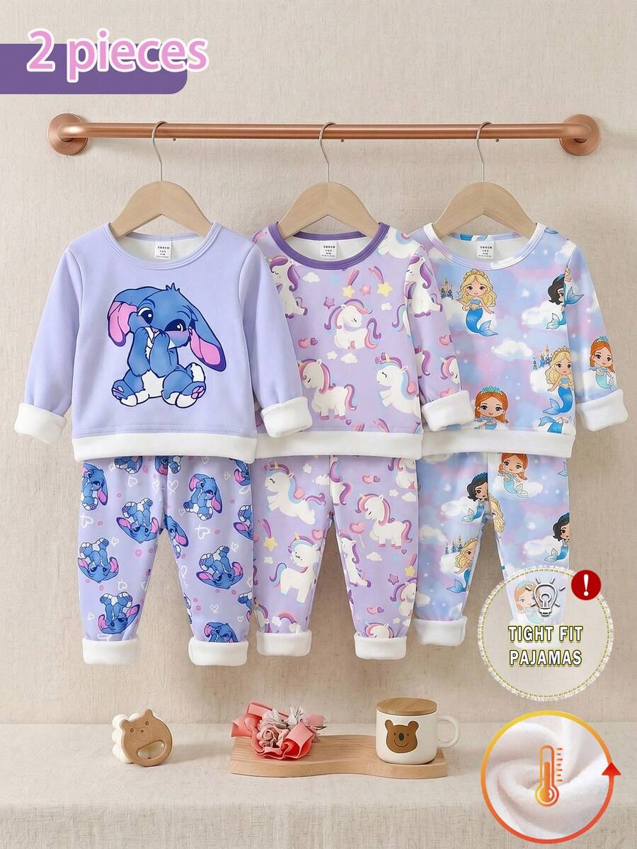2件組女童幼兒時尚優雅淡紫色卡通獨角獸印花，對比領設計凸顯時尚休閒，圓領套頭針織彈性抓絨加厚冬季長袖修身褲兩件套居家服 - 彩色 - 查看 1