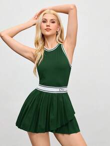 SHEIN Cheerettes 女式字母印花条纹圆领褶边无袖运动连衣裙 - 綠色 - 查看 5
