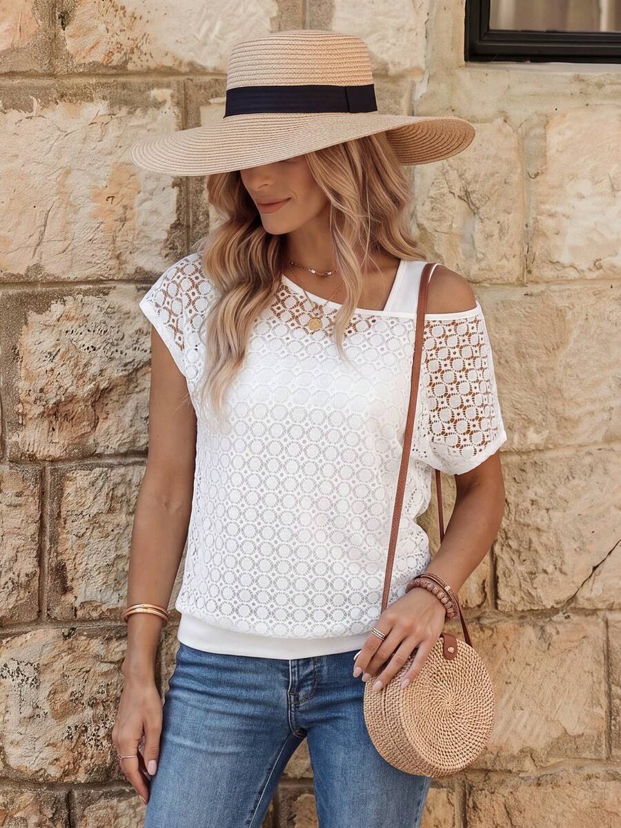 EMERY ROSE Top asimétrico de 2 en 1 con encaje para mujer, atuendo para fiesta de vacaciones - Blanco - Ver 1