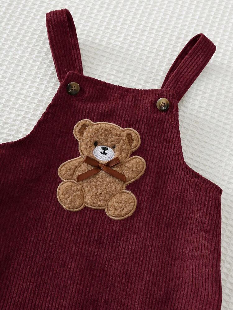 Cozy Pixies Baby Girls Dresses Cute Woven Ribbed Brown Corduroy Pinafore Dress, Adorable Bear Applique Embroidery, Exquisite Detail, Bow Decoration, Baby Girl, Suitable For Autumn/Winter, Nordic Style, Mori Style, Cute Style - Burgundy - View 5