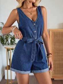 EMERY ROSE EMERY ROSE Mono y mono corto de mezclilla de verano con cuello en V, sin mangas, tirantes anchos y botones delanteros de moda para mujer - Azul lavado oscuro - Ver 7