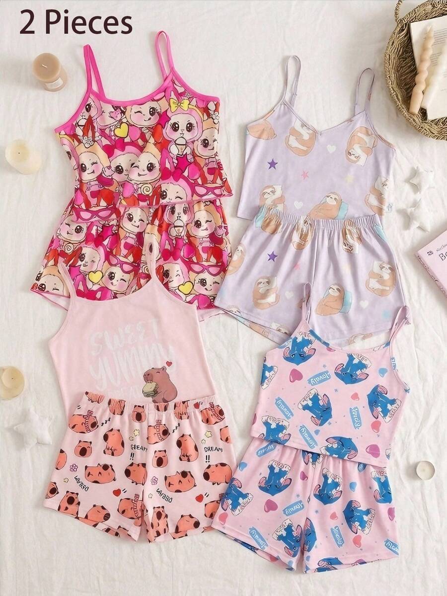 SHEIN 女童簡約可愛甜美休閒卡通滿版印花娃娃吊帶上衣與短褲 2 件套 柔軟舒適睡衣家居服 - 彩色 - 查看 1